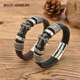 Retro Style Stainless Steel Cross Charm Bracelets Braid Black Brown Genuine Leather Bracelet
