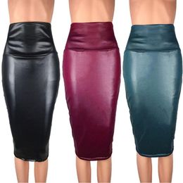 High Waist Skirt Sexy Hip Bottom Leather Solid Bodycon Skirt Women Ladies Office Faux Leather Pencil Skirts jupe crayon femme2FM 201110