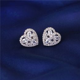 Sweet Women Studs Earrings White Silver Color Sparkling Zircon CZ Heart Earrings Studs for Party Wedding Nice Birthday Gift for Girl Friend