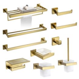 Gold Brushed Towel Bar Rail Toilet Paper Holder Towel Rack Hook Soap Dish Toilet Brush Bathroom Accessories Hardware Set LJ201209