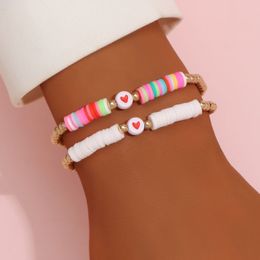 Summer Beach Style CCB Beads Polymer Clay Disc Strands Red Hearts Bracelet for Women Gift Wholesale 2pcs/set