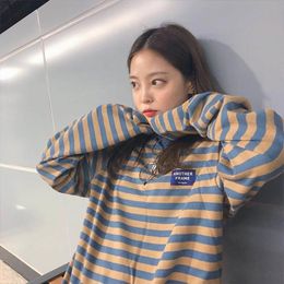 Korean Ulzzang O-Neck Striped T-shirt Women Casual Long Sleeve Loose T-Shirt Colour Block Retro Cotton T-Shirts Femmal 201028