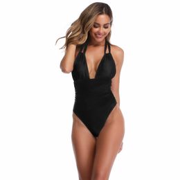 Plus Size Swimwear Woman One Piece Swimsuit Large Monokini Solid Black Bathing Suit for Women 2020 Push Up Halter Trikini XXL XL T200708