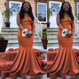 2020 Sexy Orange Mermaid Evening Dresses Wear Satin Lace Appliques Illusion Long Sleeves Black Girl Plus Size Pageant Dress Prom Party Gowns