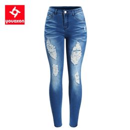 2081 Youaxon Women`s Chic Distressed Plus Size Brand New Mid Waist Stretch Skinny Pencil Pants Jeans For Women True Denim Jean 201030