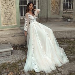 New Princess Boho Wedding Dresses Appliques Lace Backless Beach Bride Dress Long Puff Sleeves Plus Size Bridal Gown