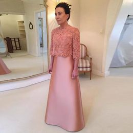 Long Pink Mother of the Bride Dress with Lace Coat Three Quarter Sleeve Bow Floor Length Formal Party Gowns Custom Size