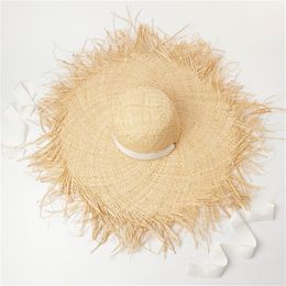 Long Ribbon Banded Raffia Hats For Women Fashion Dome Oversized Beach Outdoor Summer Shade Sun Hat Y200602