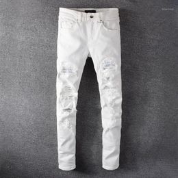 Men's White Crystal Holes Ripped Jeans Fashion Slim Skinny Rhinestone Stretch Denim Pants Hole Patch Tight Slim Skinny Jeans1277H
