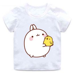 Boys and girls cartoon Molang and Piupiu T-shirt print kids cute rabbit funny clothes kids summer cotton round neck casual shirt G1224