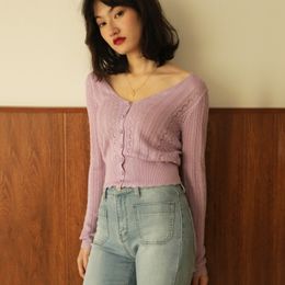 Women V Neck Pointelle Knit Cardigan With Width Trimming Knit Top 201029