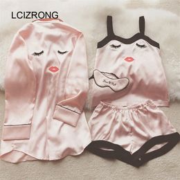 Summer Cartoon Satin Pyjamas Sets Women 4pcs/set Long Sleeve Tops Camisole Shorts Eye Mask Home Clothing Sexy Sleepwear Mujer 210203