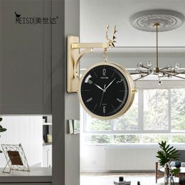 Double Sided Round Wall Mount Station Clocks Watchs Double Face Wall Clock Vintage Retro Home Decor Metal Frame Glass Dial Cover LJ201208