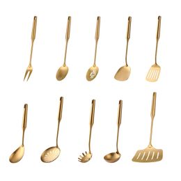 1PCS Stainless Steel Gold Cooking Tools Anti-slip Handle Kitchen Utensils Set Turner Ladle Spoon Home Restaurant Accessories 201223