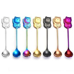 100pcs/lot Lucky Cat Coffee Stir Spoon Colorful Stainless steel Dessert Pudding Tea Scoop Kitchen Tableware Cup Decor SN4829