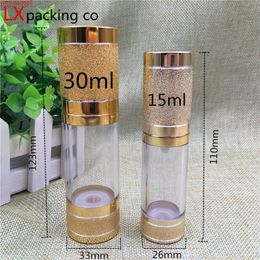 Free Shipping 30ml New Style Gold plastic Vacuum Pump Lucency Packaging Bottle Lotion Shampoo Cream Empty Cosmetic Containersgood quantity