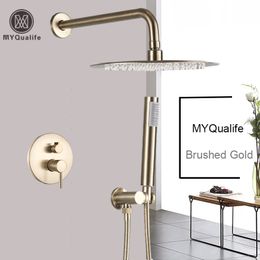 Luxurious Brushed Gold Mixer Rotate Tub Spout Wall Mount Rainfall Head Hand Shower Faucet 1011