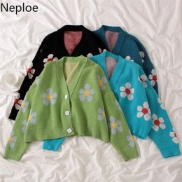 Neploe Preppy Style Flower Knit Cardigans Sweater Women V Neck Loose elegaht Thicked Pull Femme Print Short Casual Coat 46565 201119