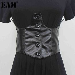 [EAM] Pu Leather Black Wide Buckle Elastic Belt Personality Women New Fashion Tide All-match Spring Autumn 2022 1DE6016 AA220312