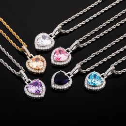 6 Colors INS Hot Trendy Men Women Necklace Gold Plated Ice Out Bling CZ Heart Pendant Necklace with 24inch Rope Chain