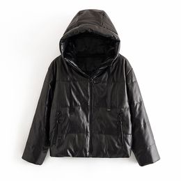 women thick warm pu faux leather padded coat winter zipper hooded jacket parka long sleeve pockets outerwear tops