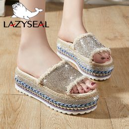 LazySeal Wedge Platform Slippers Women New Summer Beach Shoes Hemp Chunky Heel Bottom Ladies Flip Flops New Female Bling Slides X1020