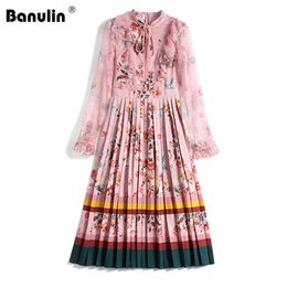 Spring Autumn Runway Designer Bow Neck Pleated Dress Women Long Sleeve Ruffles Lace Patchwork Floral Print Elegant Midi Dress 201204