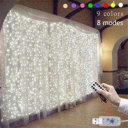 3Mx3M 9 Colours Lights Romantic Christmas Wedding Decoration Outdoor Curtain Garland String Light Remote-control 8 modes USB Lamp Y201020