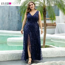 Plus Size Sequined Evening Dresses Ever Pretty A-Line V-Neck Side Split Embroidery Elegant Formal Evening Gowns Robe De Soiree 201113