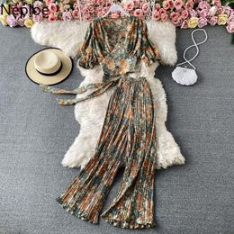 Women's Tracksuits Neploe Summer Floral Suit Two Piece Outfits For Women V-neck Shirt Crop Tops Pleated Wide Leg Pnats Femme Roupas 2 Set