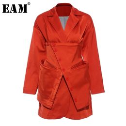 [EAM] Women Orange Split Irregular Blazer New Lapel Long Sleeve Loose Fit Jacket Fashion Tide Spring Autumn 2020 LJ200911