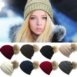 Women Beanies Autumn Winter Knitted Skullies Casual Outdoor Hat Solid Ribbed Beanie with Pom 9 Colours