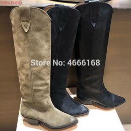 Vinapobo Pointed Toe Genuine suede Leather Knee High Boots Women Chunky High Heel Knight Boots Motorcycle zapatos de mujer1