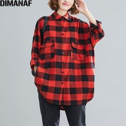 DIMANAF Plus Size Women Blouse Red Plaid Print Casual Long Shirts Vintage Full Sleeve Autumn New Big Size Women's Blouse 201028