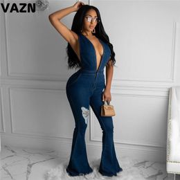 VAZN 2020 Hot High-end Denim Flare Plus Size Spaghetti Strap Backless Joker Elegant Solid High Waist Women Long Jumpsuits