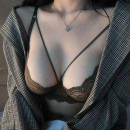 Sexy ultra-thin tie bra bra set lace transparent closed breast bra large size gathered women 201202