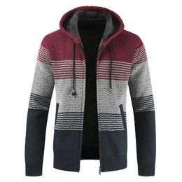 Men's Sweater Coat Spring Autumn Mens Colorblock Hooded Stripe Coat Thick Zipper Wool Sweater Slim-fit Cardigan Jumpers Male 201117
