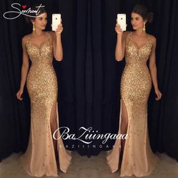 Vintage Split Sequined Dress Evening Dress Gold Sling for Prom Free Shipping Straight Mermaid Dress LJ201119