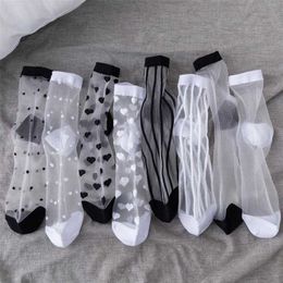 Sexy Lace Women Socks Summer Ultra-thin Transparent Mesh Fishnet Short Socks Harajuku Casual Breathable Black White Crew Socks 211221