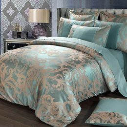 New Silk Bedding Set Golden Jacquard Cotton King Queen Size Lace Bed Set Satin Duvet Cover Linen Pillow Bedsheet Home Textile