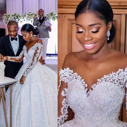 2021 Ball Dresses Lace Applique Sheer Neck Long Sleeves Illusion Beaded Crystals Wedding Bridal Gown Vestido De Novia
