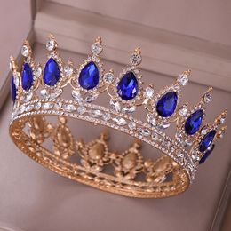 Blue Crystal Crown Tiara Bridal Hair Accessories Rhinestone Crystal Round Crown Headband For Women Queen Diadem King Crown Gift J0113