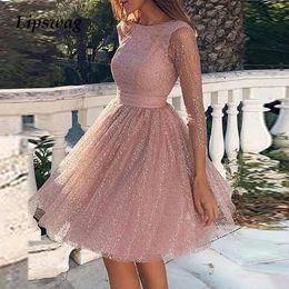 Spring Hollow Out Backless Lace Party Dress Women Summer Sexy O-neck A-Line Princess Dress Casual Long Sleeve Mini Dresses T200416