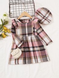 Toddler Girls Plaid Ruffle Trim Wool-Mix Dress & Hat Without Bag SHE