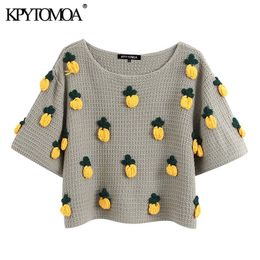 KPYTOMOA Women 2020 Fashion Pineapple Pattern Knitted Sweater Vintage O Neck Short Sleeve Female Pullovers Chic Tops LJ201114
