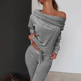 Lace Up Velvet Two Pieces Set Women's Sweatshirt One Shoulder Tracksuit Female 2020 Spring Autumn Sportswear Lady Lounge Suits T200716