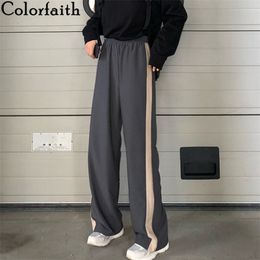Colorfaith Summer Women Wide Leg Pants High Elastic Waist Casual Striped Patchwork Sweat Sporty Joggers Trousers P3924 201031
