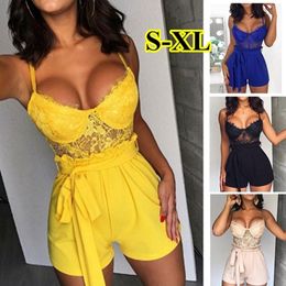 Women Holiday Strap Mini Playsuit Summer Lace Camisole V Neck Sleeveless Playsuit Sexy Shorts Jumpsuit Club Clothes T200704