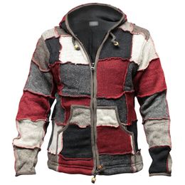 Retro Men Distressed Stitching Cardigan Sweater Autumn Winter Casual Hooded Jumpers Plus Size 4XL Color Matching Outerwear Tops 201117