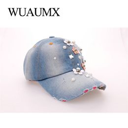 Wuaumx Rhinestones Women's Baseball Caps Handmade Floral Hat For Girls Crystal Cap Curved Peak Visor Hip Hop Snapback Cap Female 201014